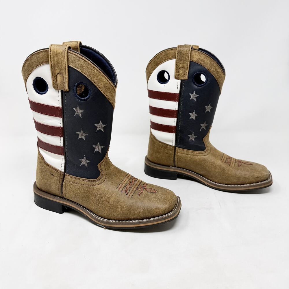 [Cody James] USA Flag Western Broad Square Toe Leather Cowboy Boots Boys Size 2D
